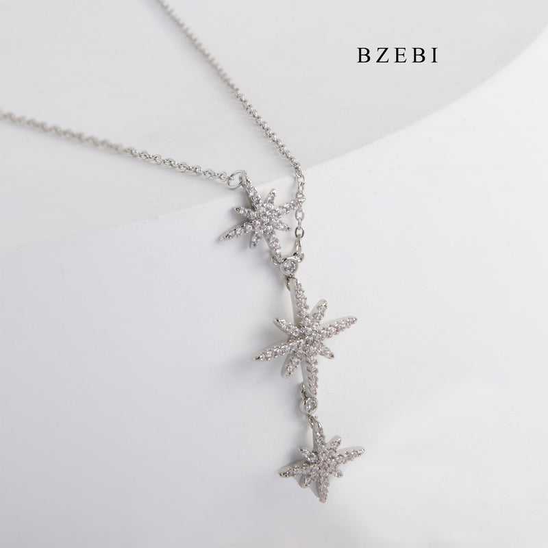 BZEBI The new S925 silver hexagram necklace three meteor micro-inlay zircon design feeling three star pendant jewelry gift