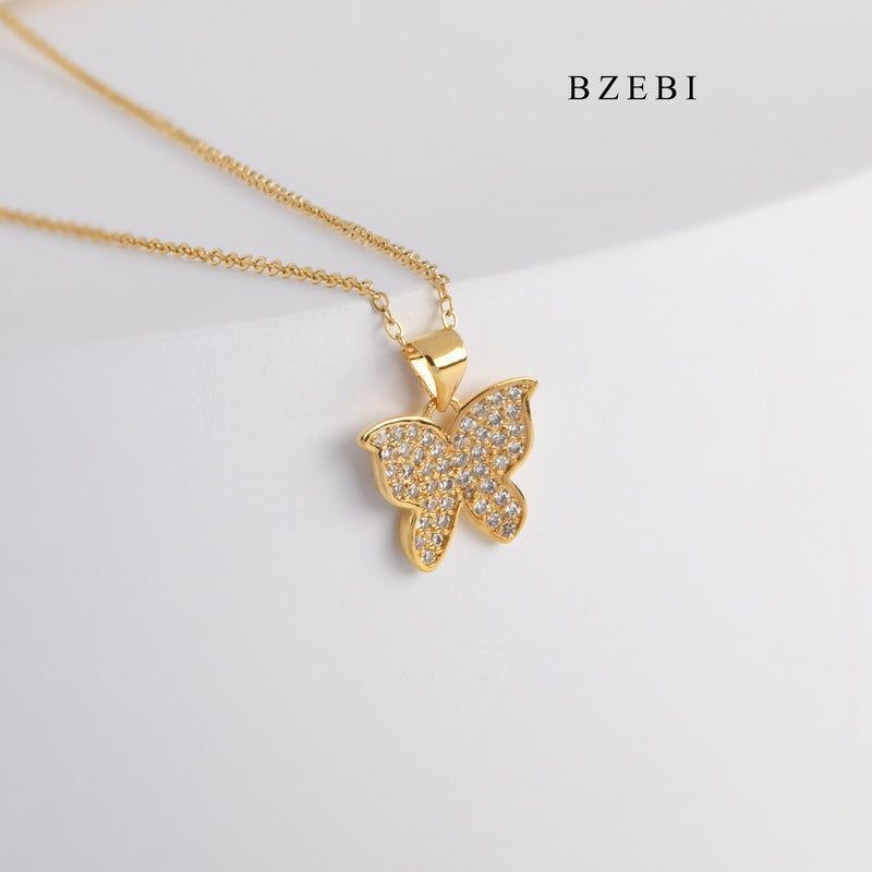 BZEBI New 18K stainless steel gold-plated butterfly cubic zircon pendant necklace ladies jewelry accessories