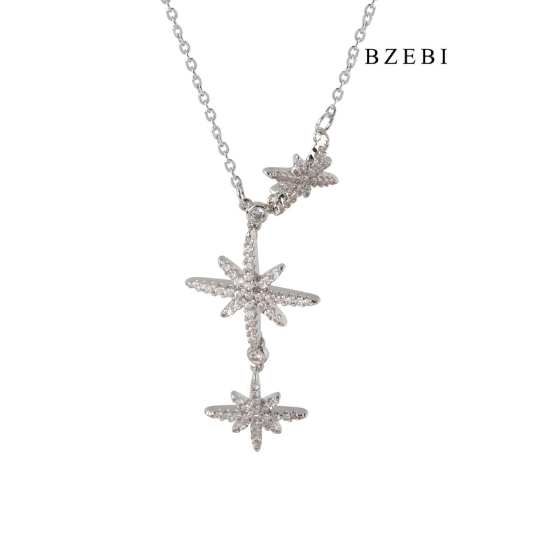 BZEBI The new S925 silver hexagram necklace three meteor micro-inlay zircon design feeling three star pendant jewelry gift