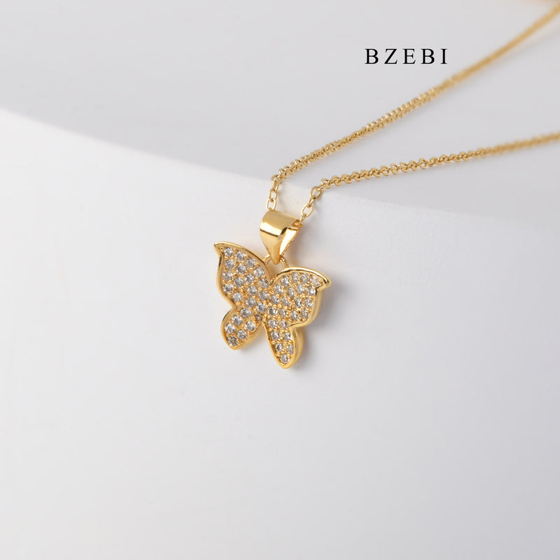 BZEBI New 18K stainless steel gold-plated butterfly cubic zircon pendant necklace ladies jewelry accessories