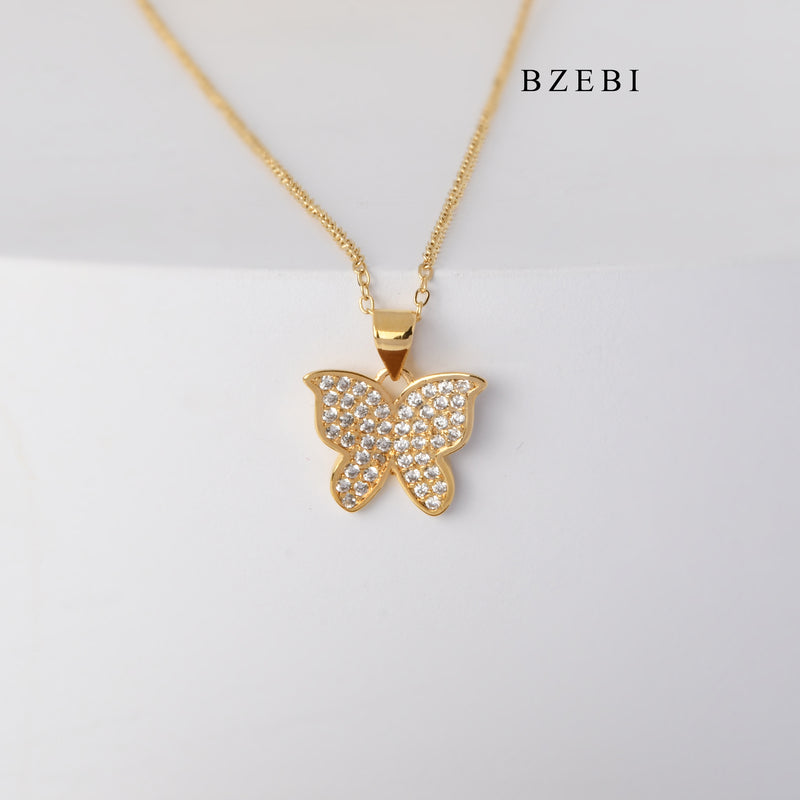 BZEBI New 18K stainless steel gold-plated butterfly cubic zircon pendant necklace ladies jewelry accessories