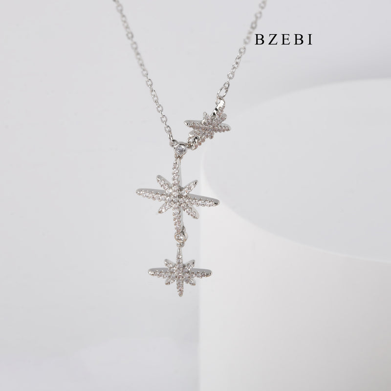 BZEBI The new S925 silver hexagram necklace three meteor micro-inlay zircon design feeling three star pendant jewelry gift