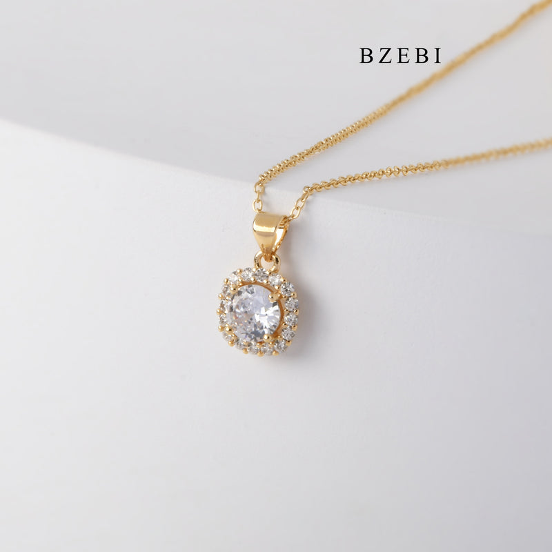 BZEBI New High Quality Stainless Steel Square ring gold plated claw inlaid with cubic zirconia design jewelry pendant necklace jewelry