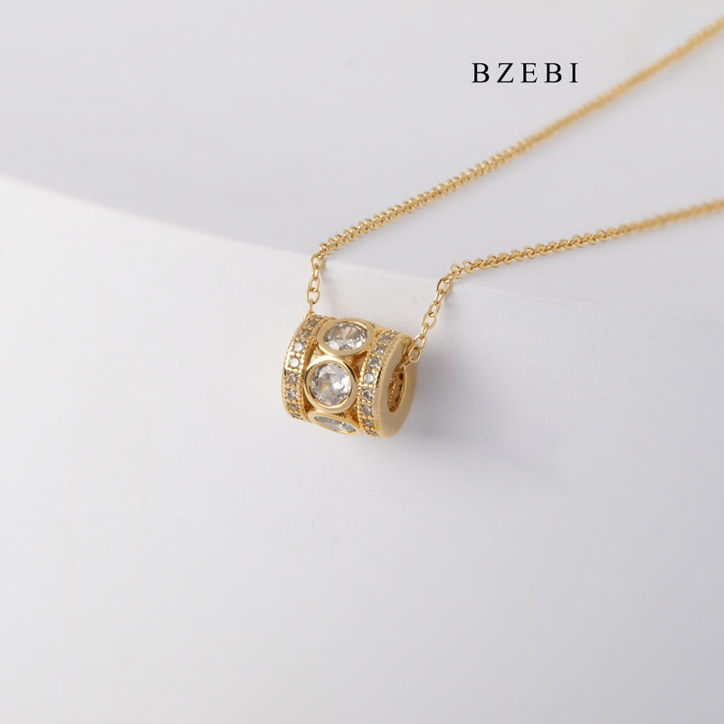 BZEBI Pendant Necklace cylindrical 18K stainless steel gold plated diamond setting simple design cylindrical Pendant Necklace