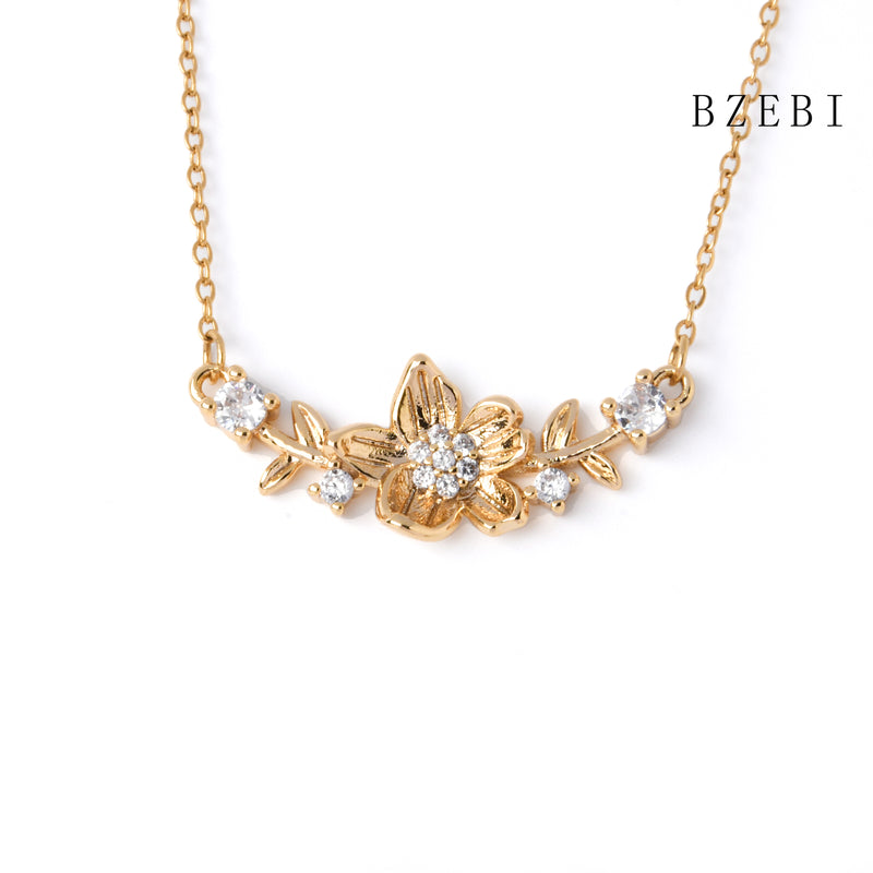 18k Gold Plated Cubic Zirconia flowers Necklace for Women with Box