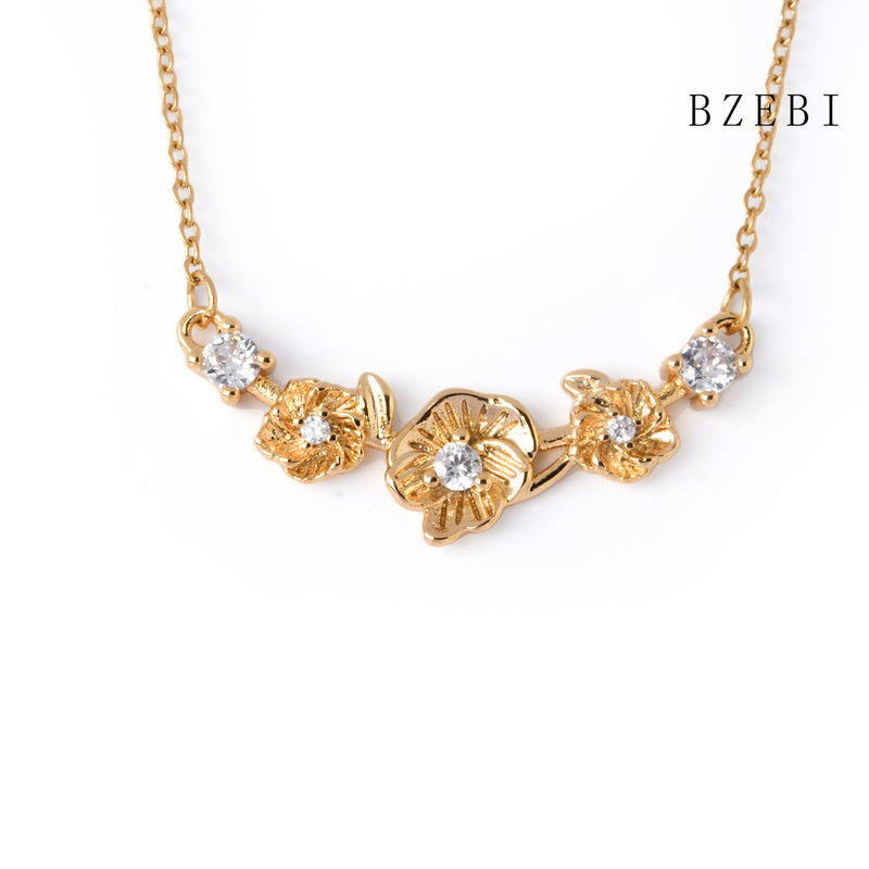 18k Gold Plated Cubic Zirconia flowers Necklace for Women with Box