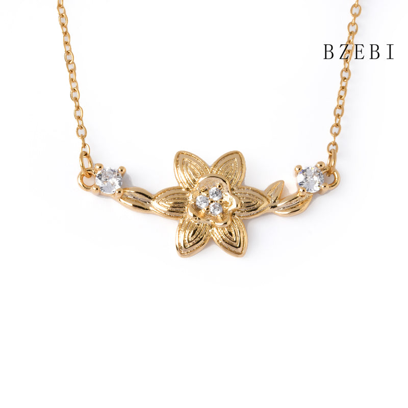 18k Gold Plated Cubic Zirconia flowers Necklace for Women with Box