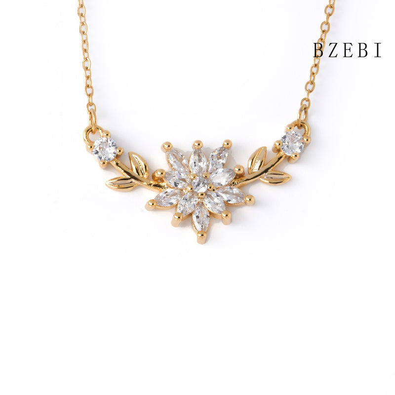 18k Gold Plated Cubic Zirconia flowers Necklace for Women with Box