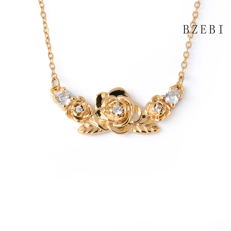 18k Gold Plated Cubic Zirconia flowers Necklace for Women with Box