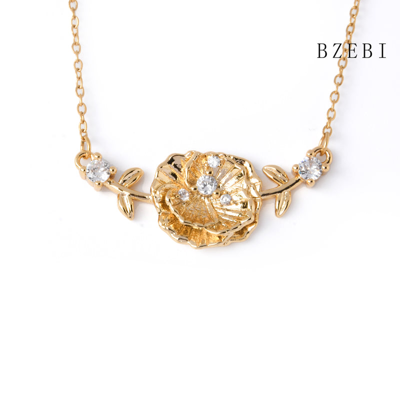 18k Gold Plated Cubic Zirconia flowers Necklace for Women with Box