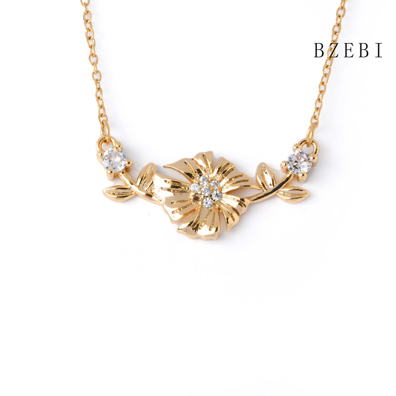 18k Gold Plated Cubic Zirconia flowers Necklace for Women with Box