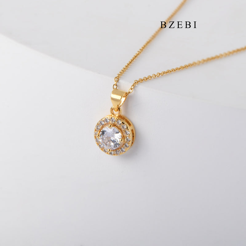 BZEBI Simple 18K stainless steel gold-plated diamond-encrusted round lady fashion necklace with zirconium jewelry pendant gift