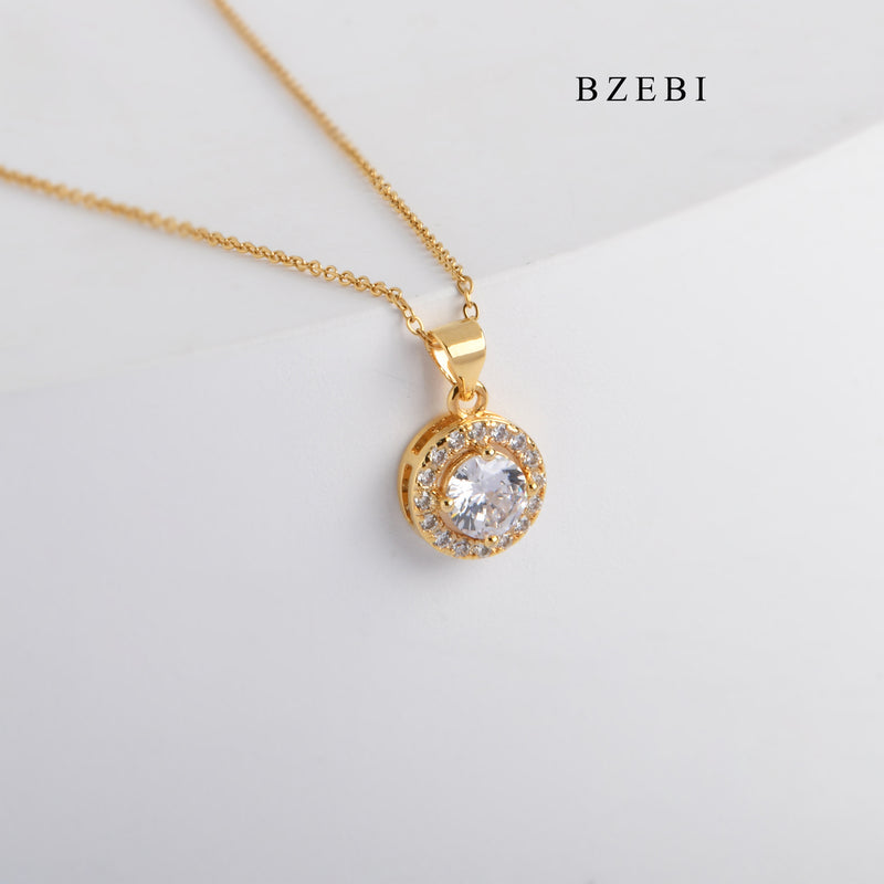 BZEBI Simple 18K stainless steel gold-plated diamond-encrusted round lady fashion necklace with zirconium jewelry pendant gift