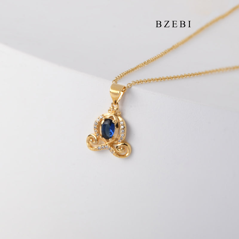 BZEBI Classic 18K Stainless Steel gold-plated claw inlaid with blue gemstone pendant necklace jewelry gift