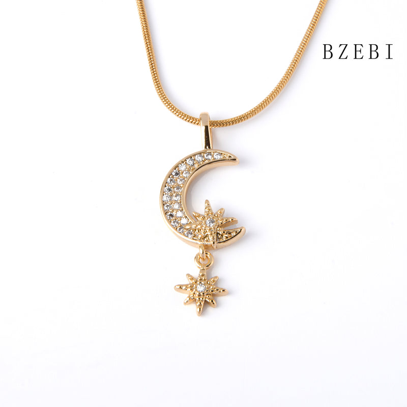 18k Gold Plated Cubic Zirconia Moon octet star combination Necklace for Women with Box