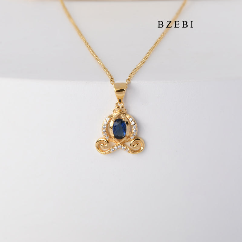 BZEBI Classic 18K Stainless Steel gold-plated claw inlaid with blue gemstone pendant necklace jewelry gift