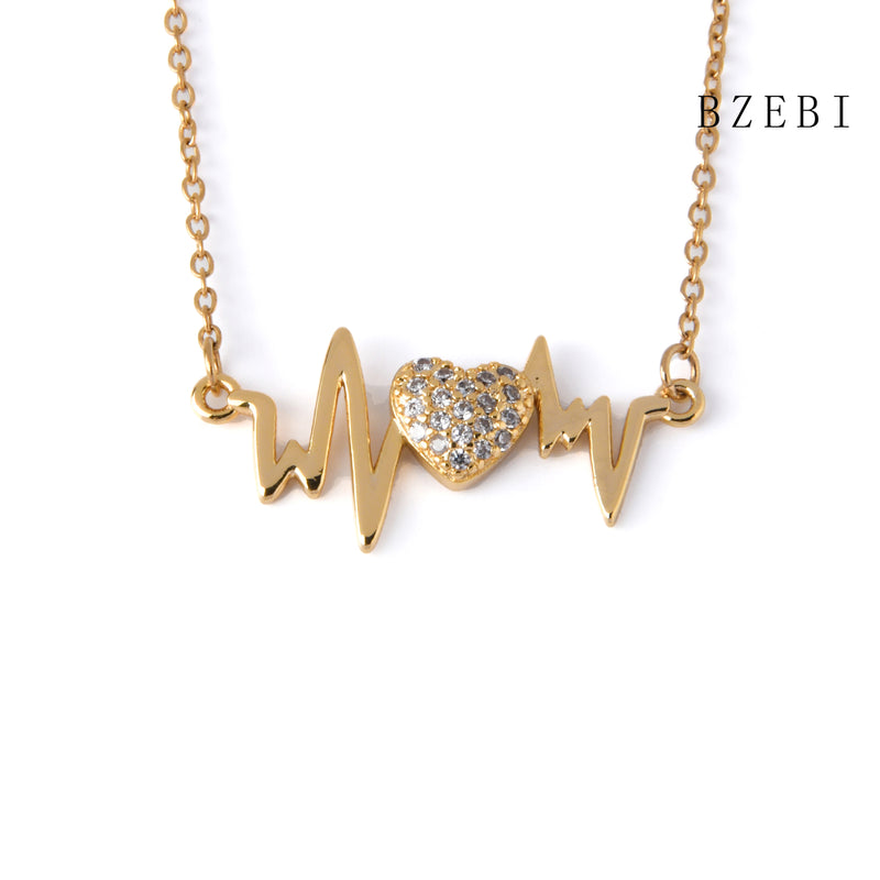 18k Gold Plated Cubic Zirconia electrocardiogram Necklace for Women with Box