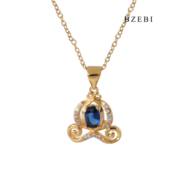 BZEBI Classic 18K Stainless Steel gold-plated claw inlaid with blue gemstone pendant necklace jewelry gift