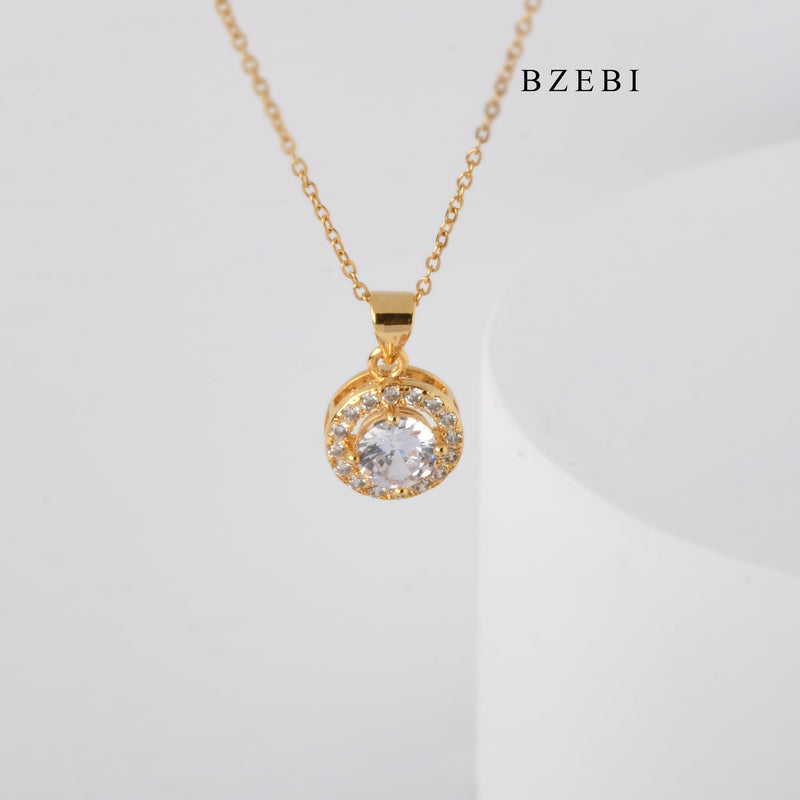 BZEBI Simple 18K stainless steel gold-plated diamond-encrusted round lady fashion necklace with zirconium jewelry pendant gift