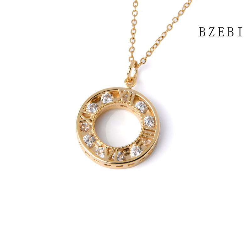 18k Gold Plated Cubic Zirconia Round hollow Roman numerals Necklace for Women with Box