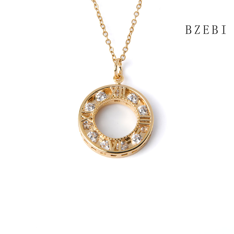 18k Gold Plated Cubic Zirconia Round hollow Roman numerals Necklace for Women with Box