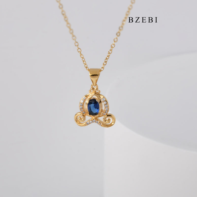 BZEBI Classic 18K Stainless Steel gold-plated claw inlaid with blue gemstone pendant necklace jewelry gift