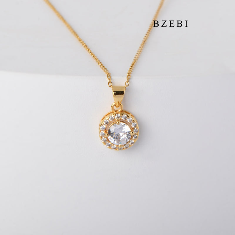 BZEBI Simple 18K stainless steel gold-plated diamond-encrusted round lady fashion necklace with zirconium jewelry pendant gift