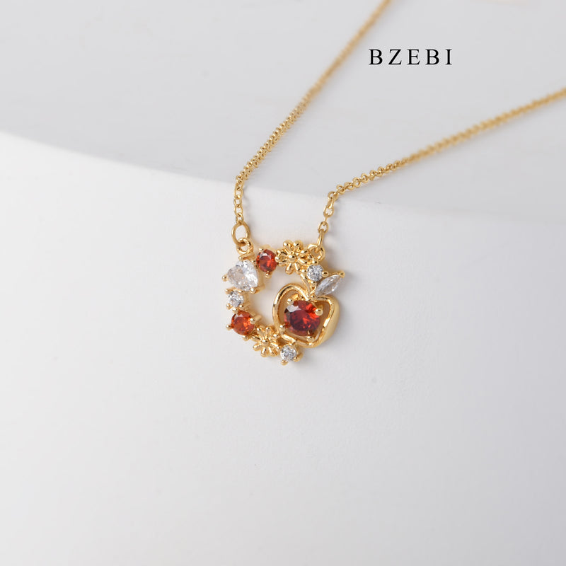 BZEBI New Style gold-plated stainless steel flower round hollow claw inlaid with White Red Zircon pendant necklace