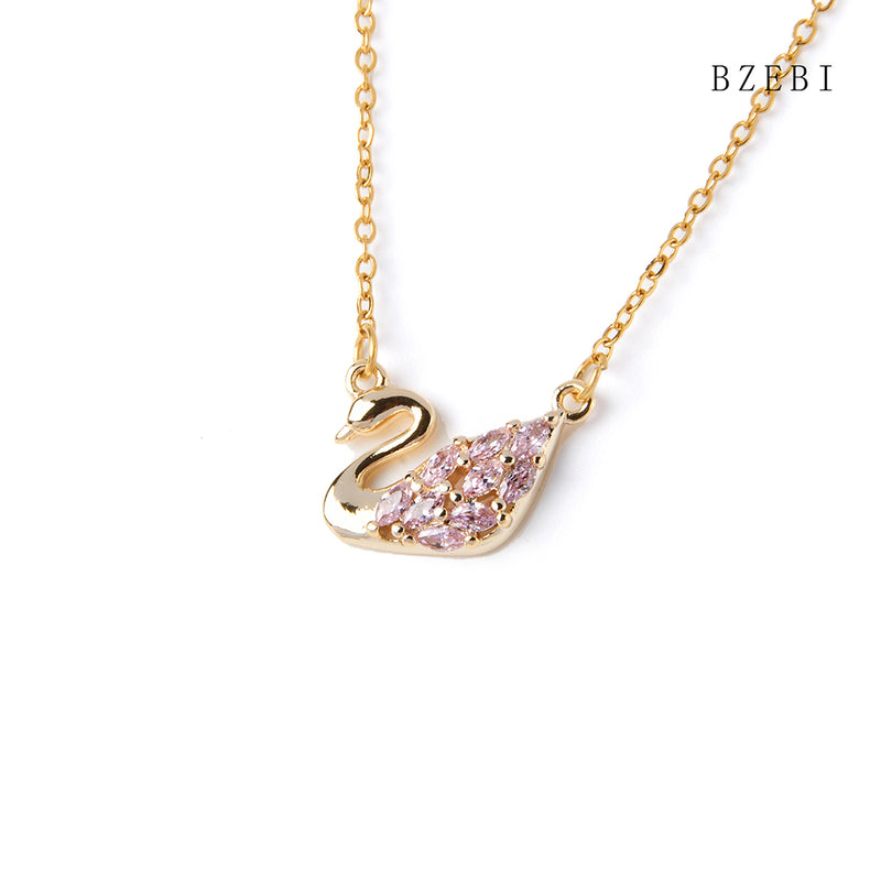 18k Gold Plated Cubic Zirconia Pink swan Necklace for Women with Box