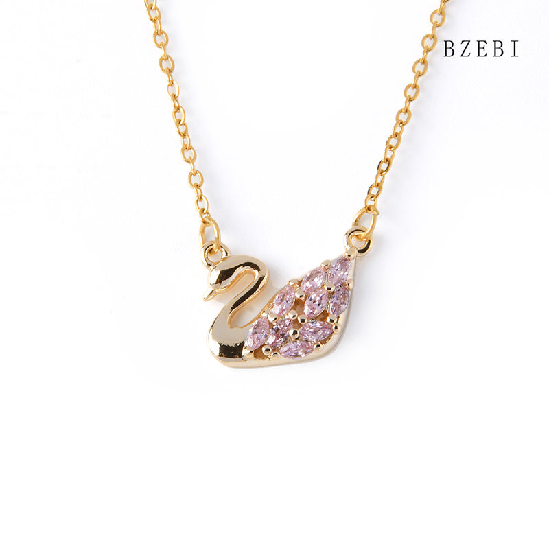 18k Gold Plated Cubic Zirconia Pink swan Necklace for Women with Box