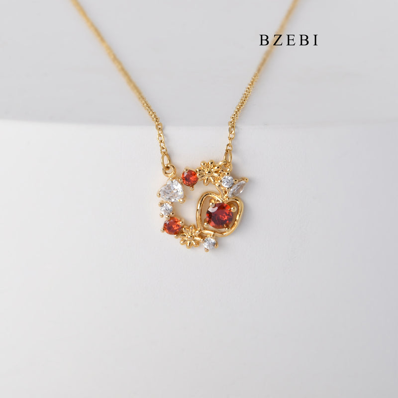 BZEBI New Style gold-plated stainless steel flower round hollow claw inlaid with White Red Zircon pendant necklace