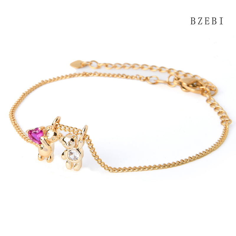 18k Gold Plated Cubic Zirconia Romantic Bear Bracelet for Women with Box