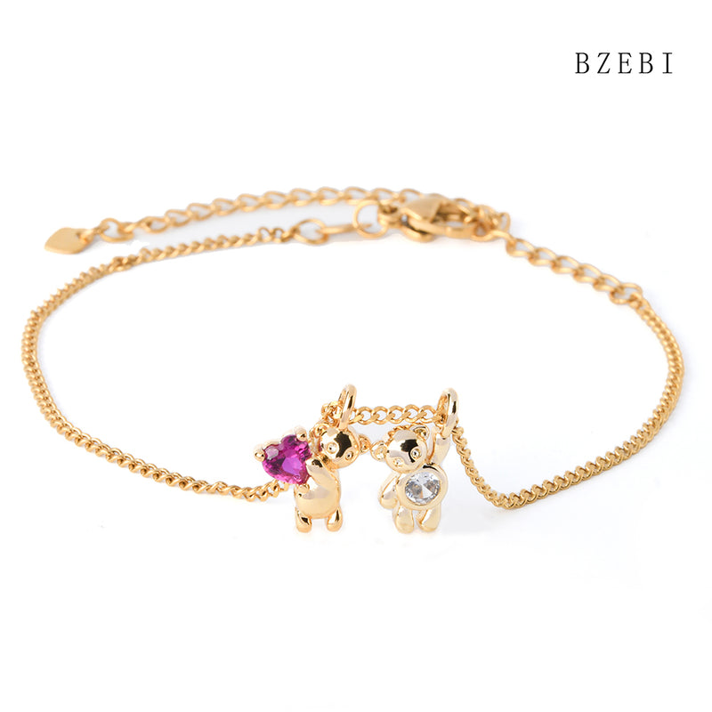 18k Gold Plated Cubic Zirconia Romantic Bear Bracelet for Women with Box