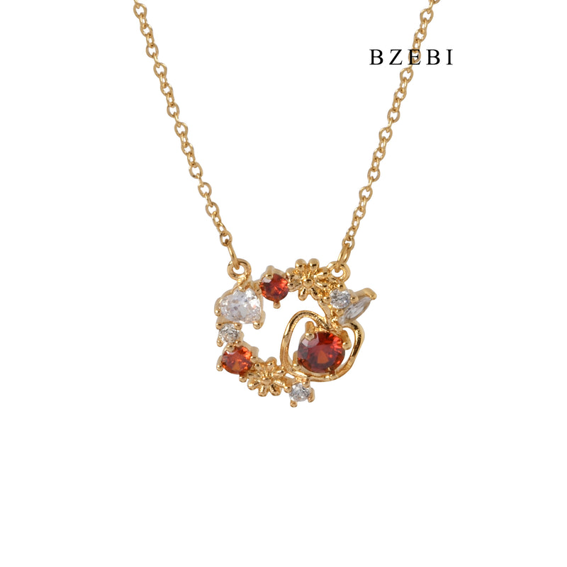 BZEBI New Style gold-plated stainless steel flower round hollow claw inlaid with White Red Zircon pendant necklace