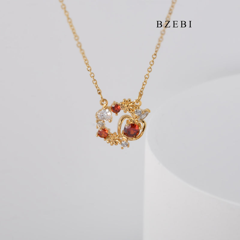 BZEBI New Style gold-plated stainless steel flower round hollow claw inlaid with White Red Zircon pendant necklace