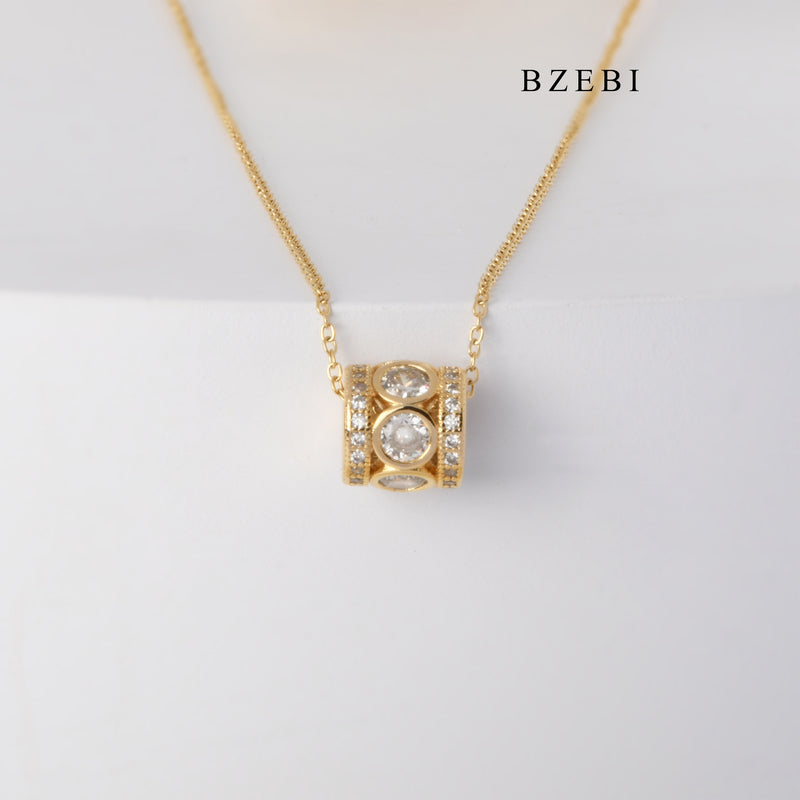 BZEBI Pendant Necklace cylindrical 18K stainless steel gold plated diamond setting simple design cylindrical Pendant Necklace