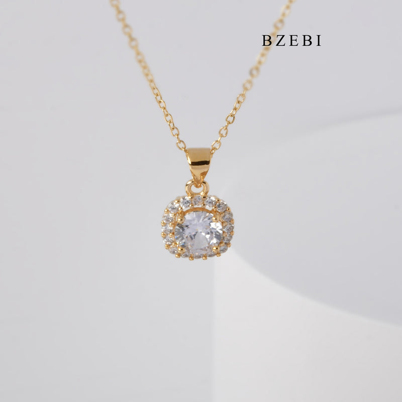 BZEBI New High Quality Stainless Steel Square ring gold plated claw inlaid with cubic zirconia design jewelry pendant necklace jewelry