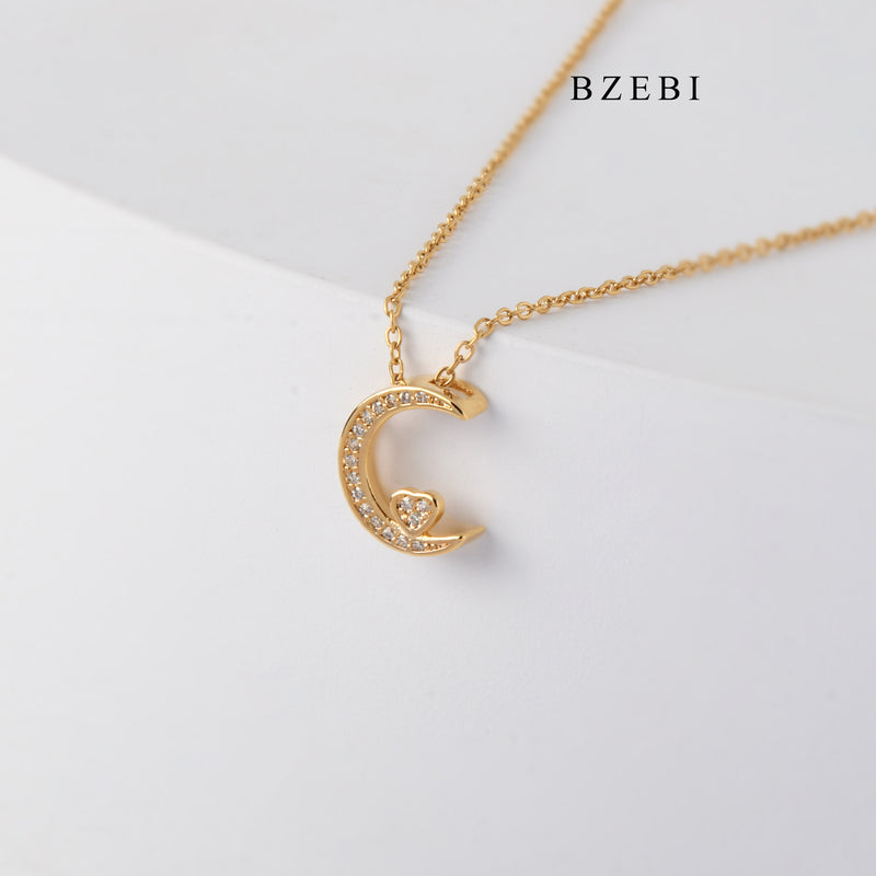 BZEBI New 18K stainless steel gold-plated Moon and diamond necklace simple love pendant jewelry birthday party gift