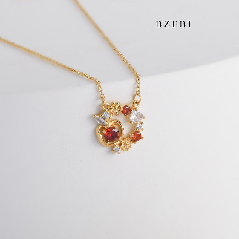 BZEBI New Style gold-plated stainless steel flower round hollow claw inlaid with White Red Zircon pendant necklace