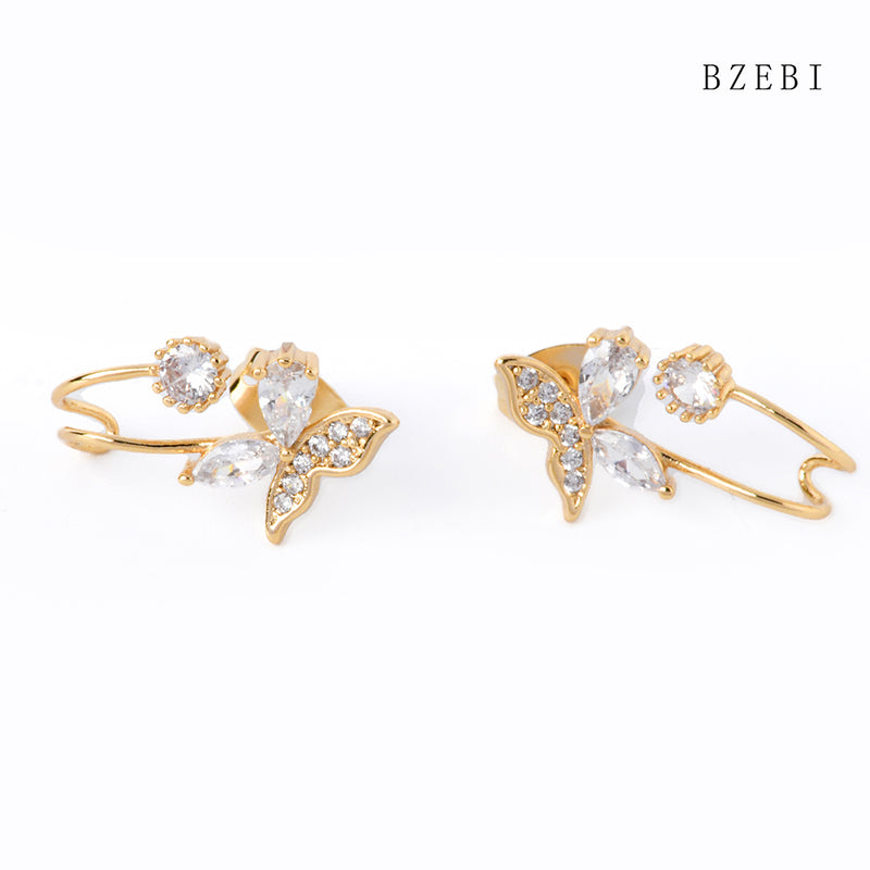 18k Gold Plated Cubic Zirconia butterfly Stud Earrings for Women with Box