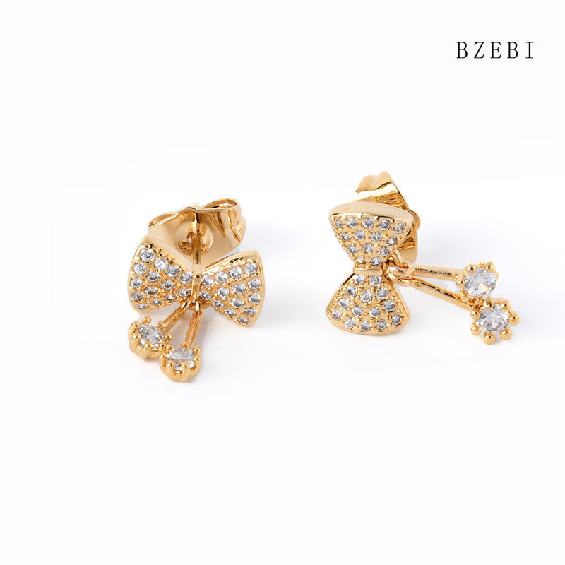 18k Gold Plated Cubic Zirconia Bow tie Stud Earrings for Women with Box