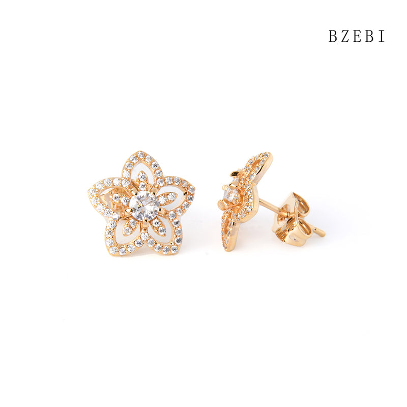 18k Gold Plated Cubic Zirconia Full of flowers Stud Earrings for Women with Box