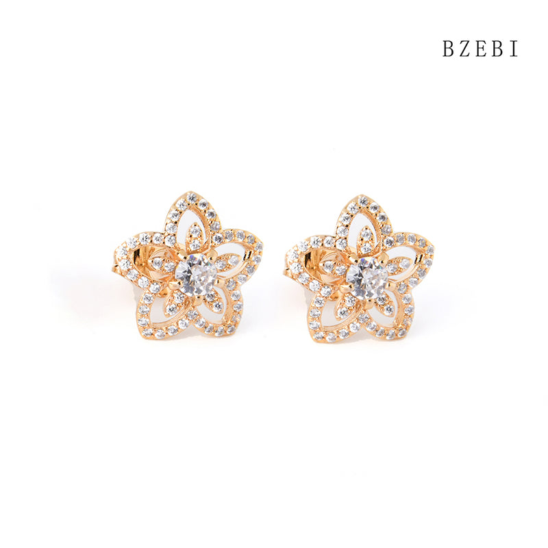 18k Gold Plated Cubic Zirconia Full of flowers Stud Earrings for Women with Box