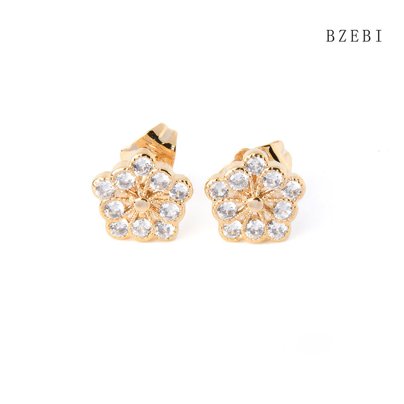 18k Gold Plated Cubic Zirconia Full of flowers Stud Earrings for Women with Box