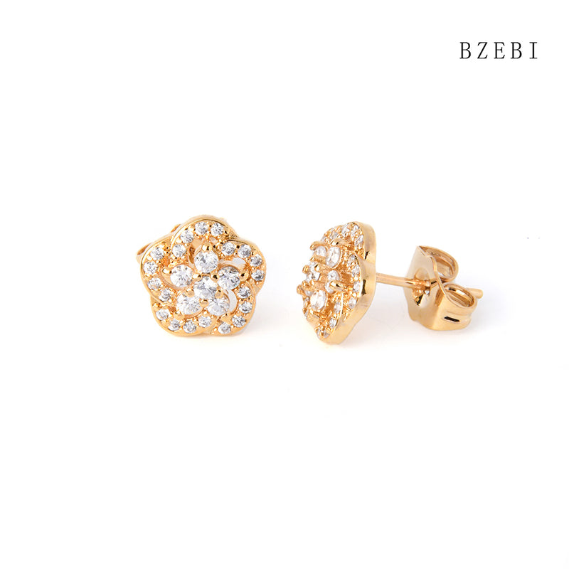 18k Gold Plated Cubic Zirconia Full of flowers Stud Earrings for Women with Box