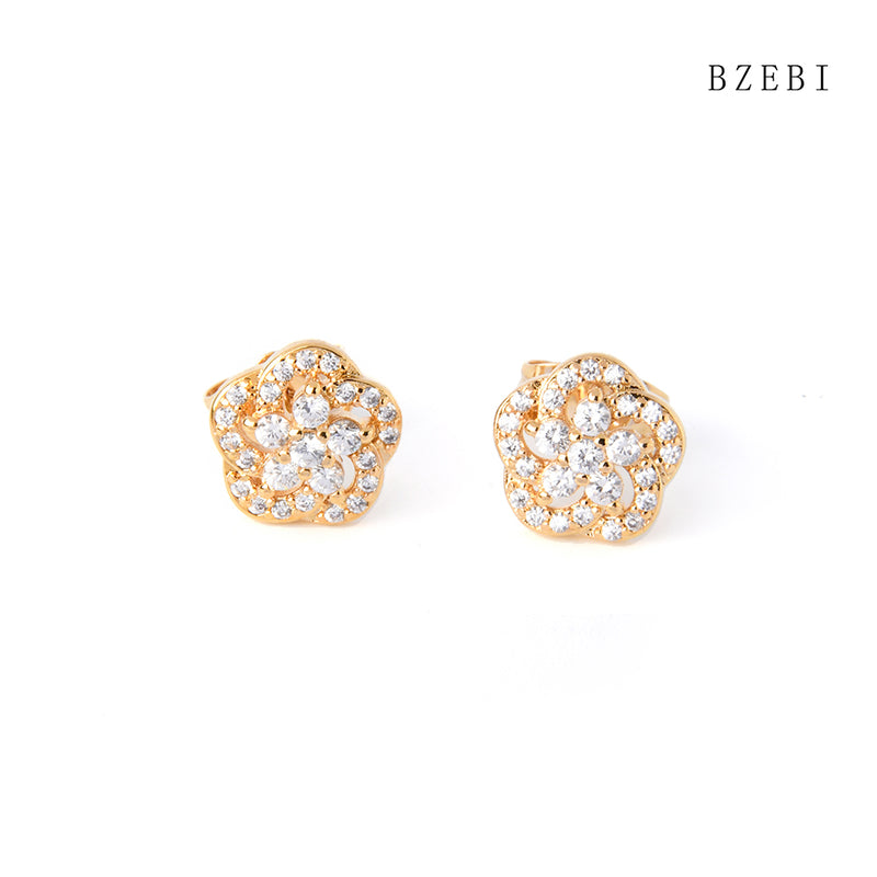 18k Gold Plated Cubic Zirconia Full of flowers Stud Earrings for Women with Box