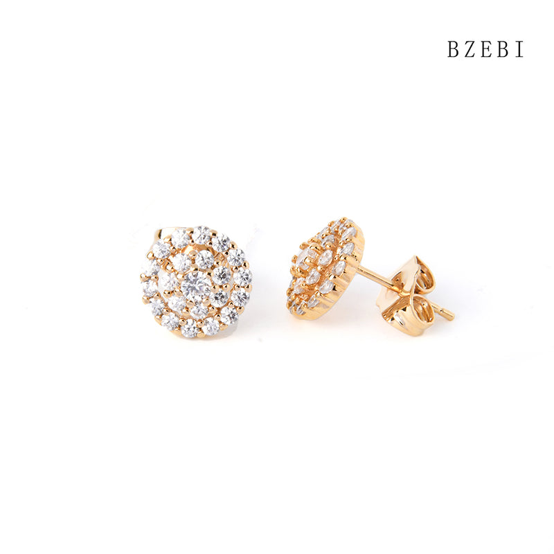 18k Gold Plated Cubic Zirconia Round full drill Stud Earrings for Women with Box