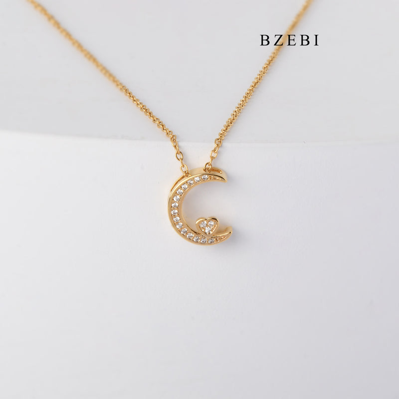 BZEBI New 18K stainless steel gold-plated Moon and diamond necklace simple love pendant jewelry birthday party gift