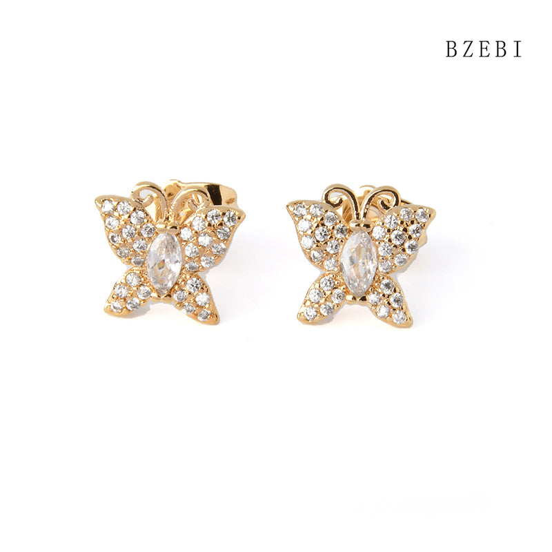 18k Gold Plated Cubic Zirconia Full of butterflies Stud Earrings for Women with Box