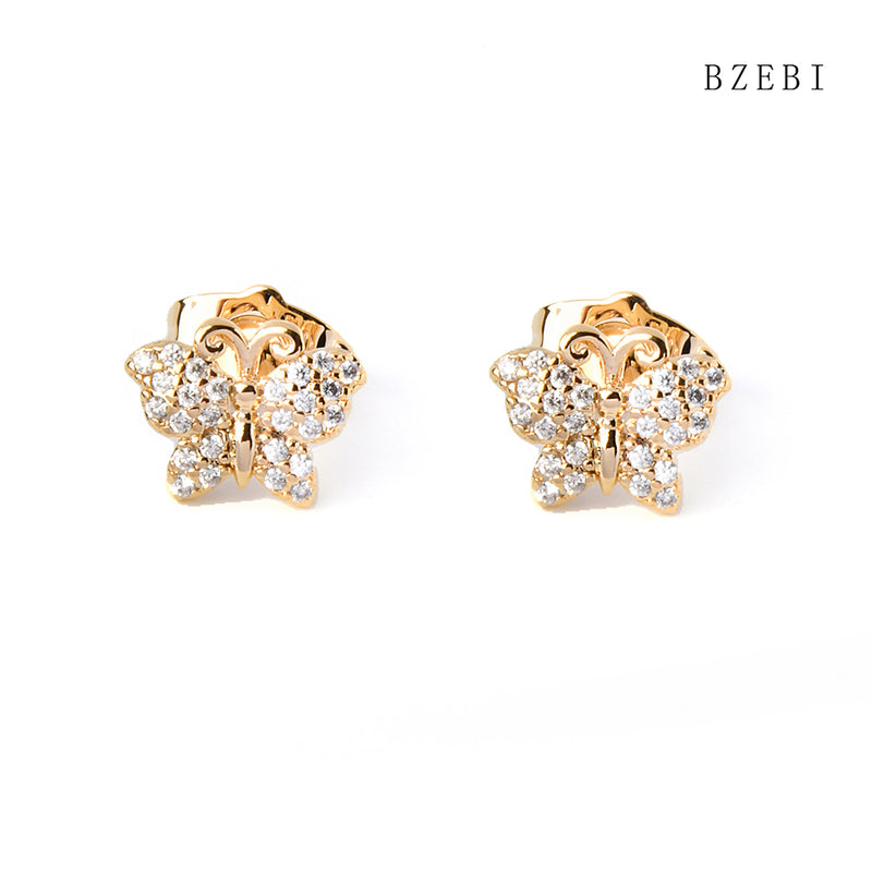 18k Gold Plated Cubic Zirconia Full of butterflies Stud Earrings for Women with Box